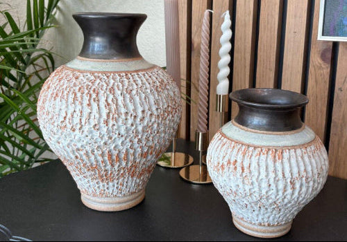 Pair-Stoneware Art Vases-Blk,Wht,Cream