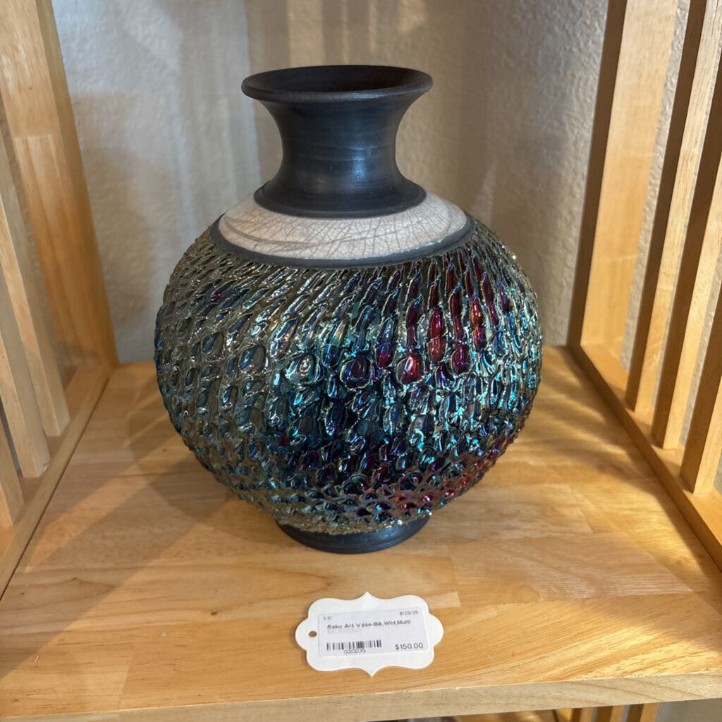 Raku Art Vase-Blk,Wht,Multi