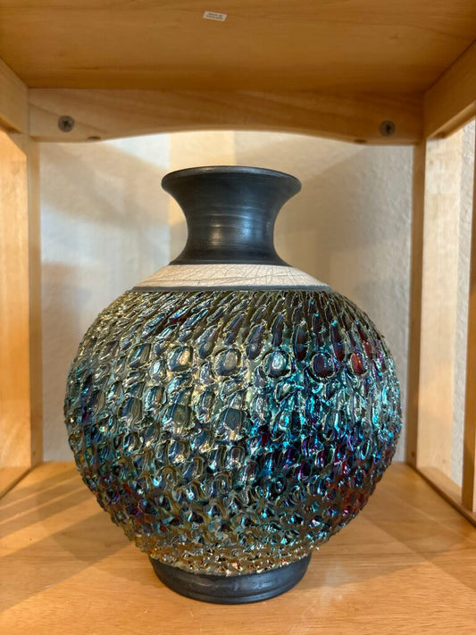 Raku Art Vase-Blk,Wht,Multi